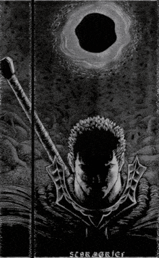 a black and white drawing of a man holding a sword with the word scragric on the bottom right corner
