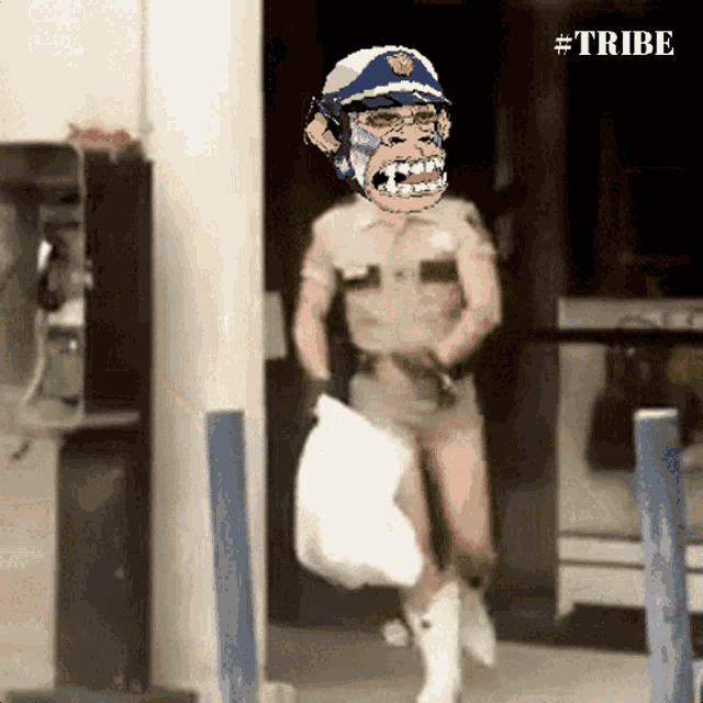 a monkey in a police uniform is running with a bag and the hashtag #tribe
