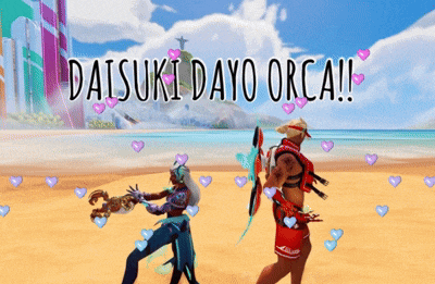 a video game advertisement for datsuki dayo orca shows two characters on a beach