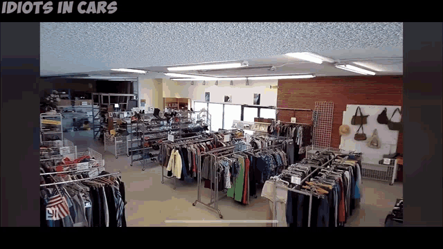 a picture of a thrift store with the words idiots in cars above it