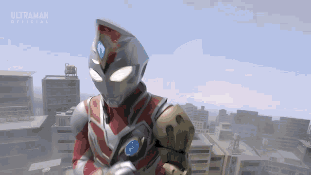 a cartoon character from ultraman official is standing in a city