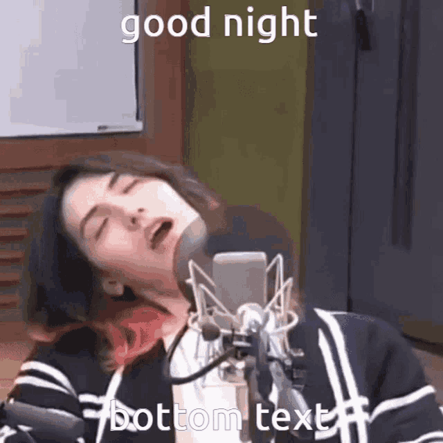 a woman sleeping in front of a microphone with the words good night bottom text written below her