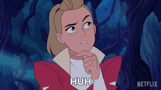 a cartoon of a girl with the word huh written on it