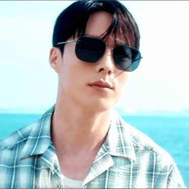 a man wearing sunglasses and a plaid shirt is standing in front of the ocean