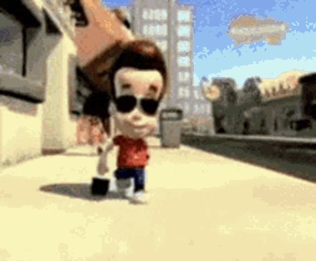 a cartoon character wearing sunglasses is walking down a sidewalk in a city .