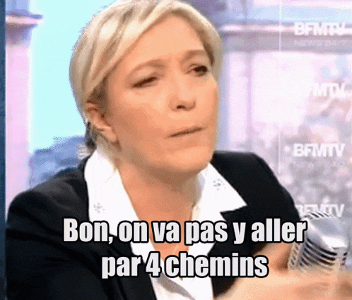 a woman talking into a microphone with the words bon on va pas y aller par 4 chemins