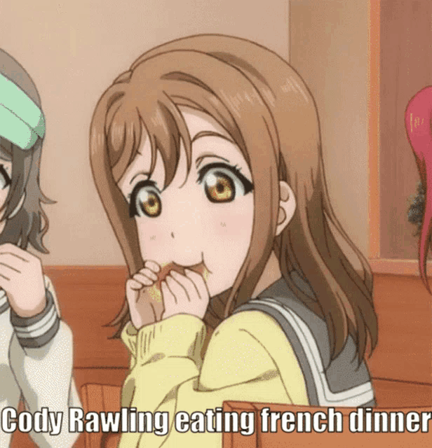 a girl eating french dinner with the caption cody rawling