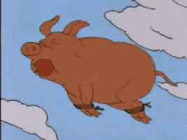 a cartoon pig is flying through the air with a ball in its mouth