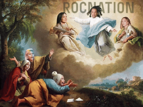 a painting of a group of people with the word rocnation on the bottom right