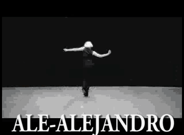 a black and white photo of a woman dancing with the name ale-alejandro written in white letters