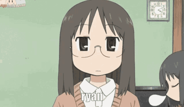 a cartoon girl with glasses says ryan in front of a wall clock