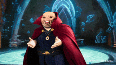 a cartoon character with a red cape and a gold necklace is standing in front of a blue background