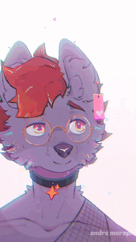 a drawing of a furry with glasses and a tag that says andre moraph