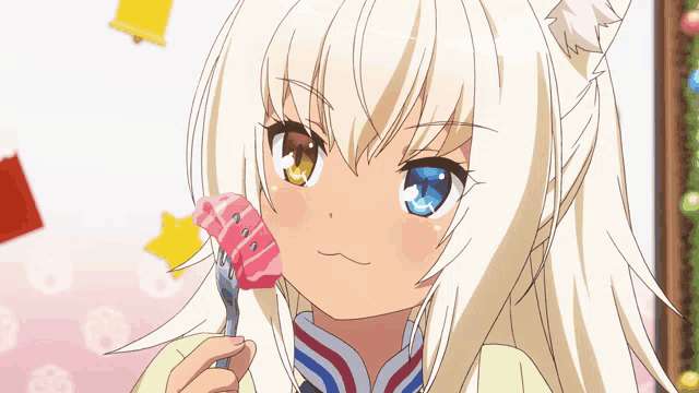 a girl with a cat ear is holding a piece of meat in her mouth