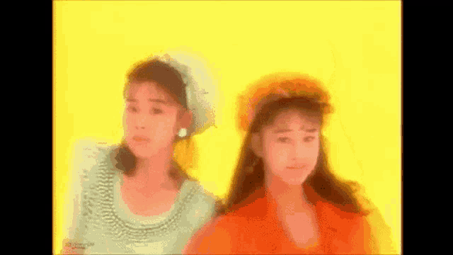 a couple of women standing next to each other on a yellow background .