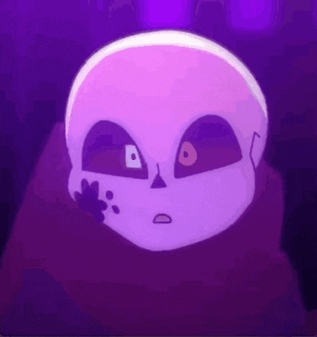 a purple skeleton with a surprised look on his face is holding his hand to his chin .