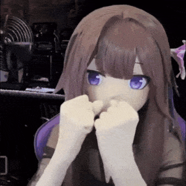 a close up of a doll with purple eyes covering her face with her hands