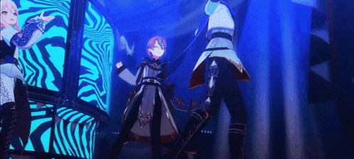 a group of anime characters are dancing on a stage in front of a blue background .