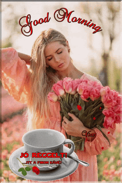 a woman in a pink dress is holding a bouquet of flowers and a cup of coffee