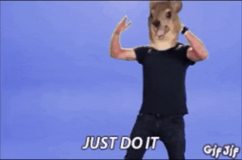 a man with a squirrel head and the words just do it on the bottom
