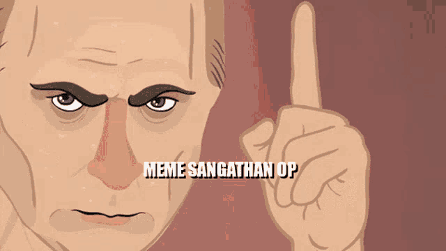 a cartoon of a man pointing up with meme sangathan op written below him