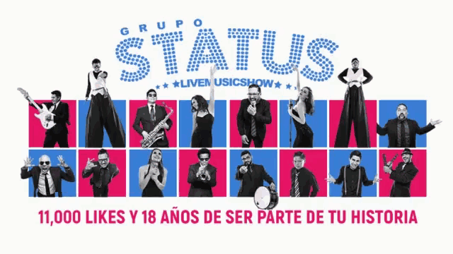 a group of people are standing in front of a sign that says status