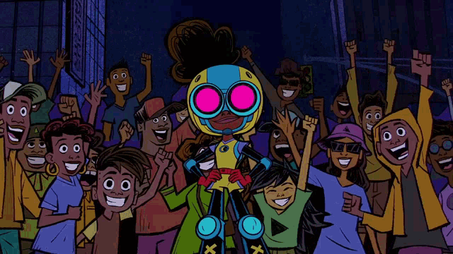 a cartoon drawing of a group of people with one wearing a robot costume