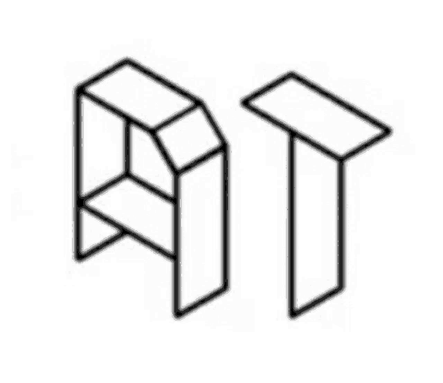 a black and white drawing of a cube and a t .