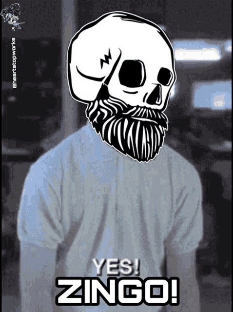 a drawing of a man with a skull on his head and the words yes zingo