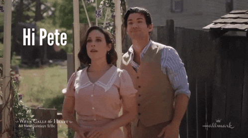 a man and a woman are standing next to each other with the words hi pete behind them