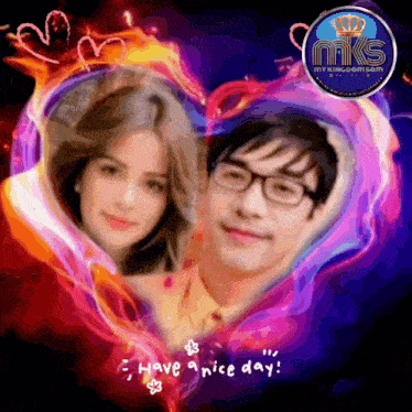 a picture of a man and woman in a heart shaped frame with the words have a nice day