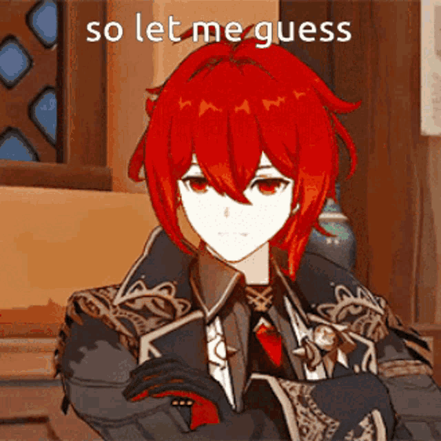 a red haired anime character with the words so let me guess written above him .