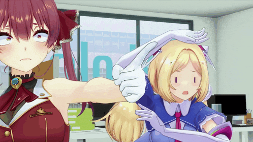 two anime girls are standing next to each other in a room with a window and a sign that says n on it