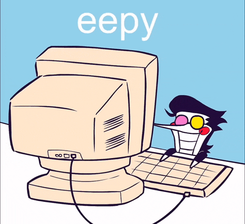 a cartoon character is typing on a keyboard next to a computer monitor with the word eepy written on it