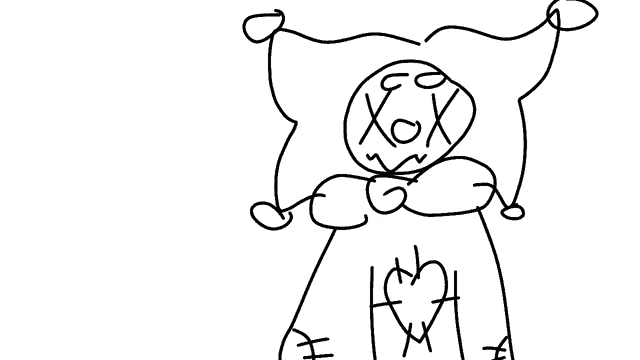 a black and white drawing of a person holding a pillow with xoxo written on it
