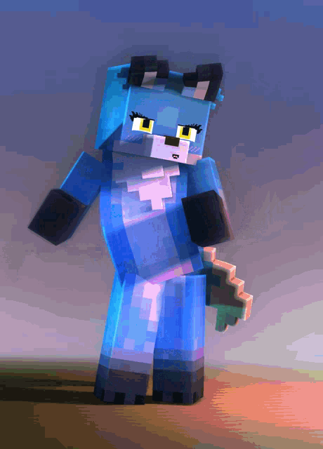 a blue fox in a minecraft video game holding a sword