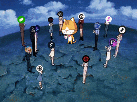 a group of people standing in a circle with a cat holding a cup in the middle