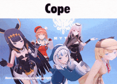a group of anime characters are standing next to each other with the caption cope been smashing barriers left and right