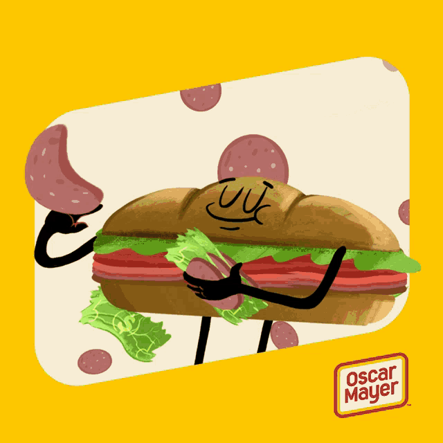 a cartoon of a sandwich with arms and legs and a oscar mayer logo