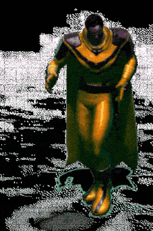 a pixelated image of a man in a yellow and black costume