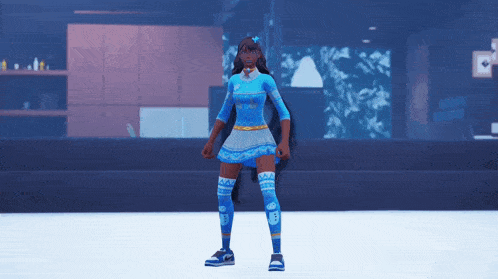 a girl in a blue dress and socks is standing in a room