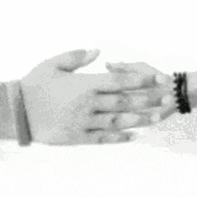 a black and white photo of two hands shaking each other on a white background .