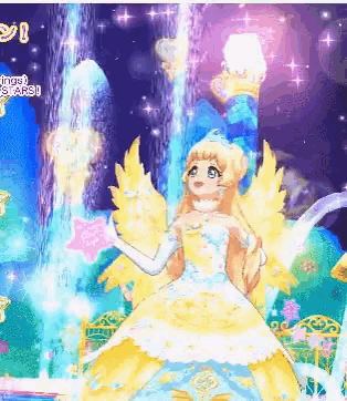 a cartoon of a girl in a yellow dress with the words " inget stars " on the bottom right
