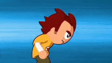 a cartoon character is running on a blue background .