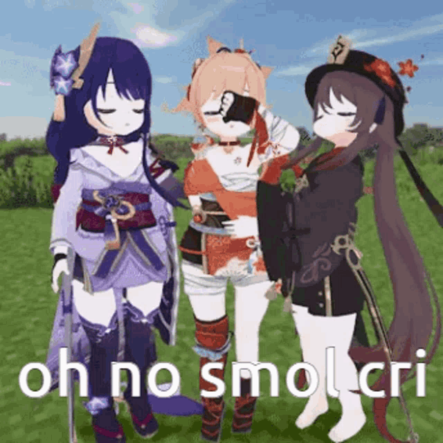 three anime girls are standing next to each other in a field with the words `` oh no smol cri '' written on the bottom .