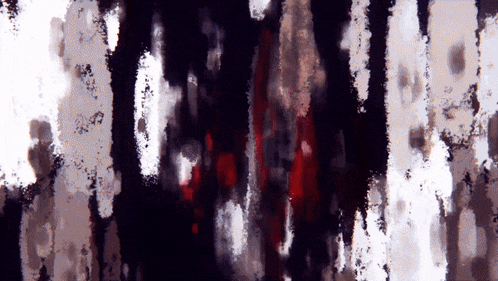 a black and white painting with a few spots of red