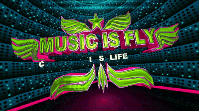 a neon sign that says music is fly on a purple background