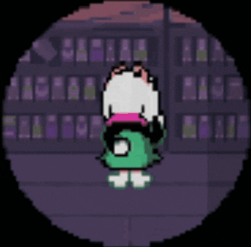 a pixel art of a rabbit standing in front of a building in a dark room .