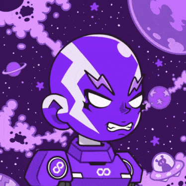 a cartoon drawing of a purple robot with a infinity symbol on the chest