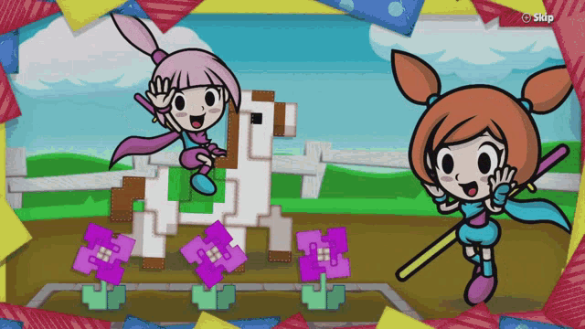 a screen shot of a video game with the word skip at the top left